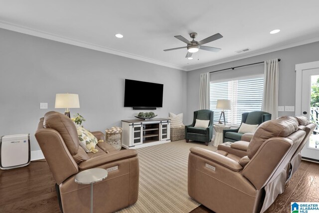 7808 Jayden Dr, Trussville, AL 35173 - living room featuring recessed lighting, ceiling fan, ornamental molding, and wood finished floors