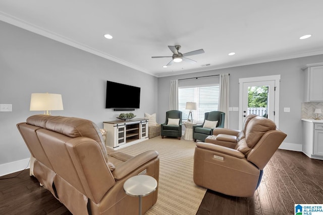 7808 Jayden Dr, Trussville, AL 35173 - living area featuring recessed lighting, ceiling fan, ornamental molding, and dark wood finished floors