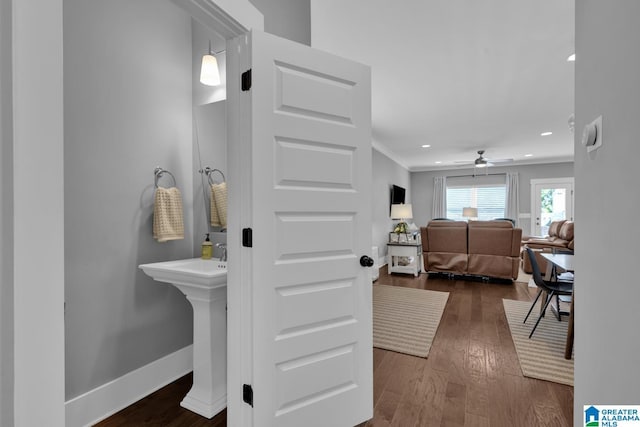 7808 Jayden Dr, Trussville, AL 35173 - bathroom featuring wood finished floors, a ceiling fan, recessed lighting, and crown molding
