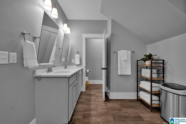 7808 Jayden Dr, Trussville, AL 35173 - bathroom featuring double vanity, wood finished floors, and vaulted ceiling