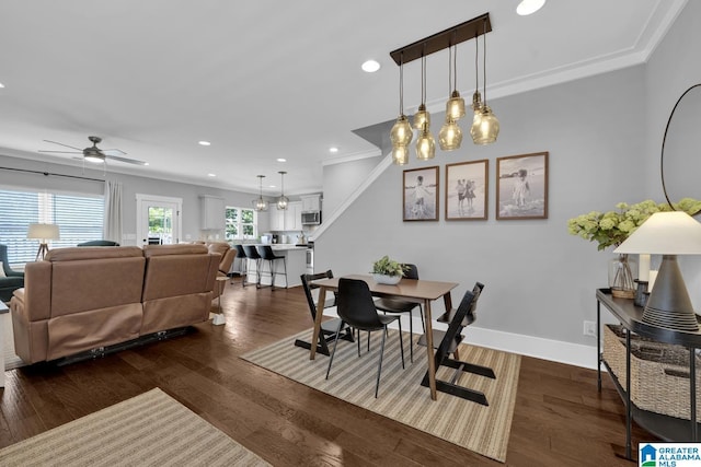 7808 Jayden Dr, Trussville, AL 35173 - dining space featuring recessed lighting, a ceiling fan, dark wood finished floors, and ornamental molding