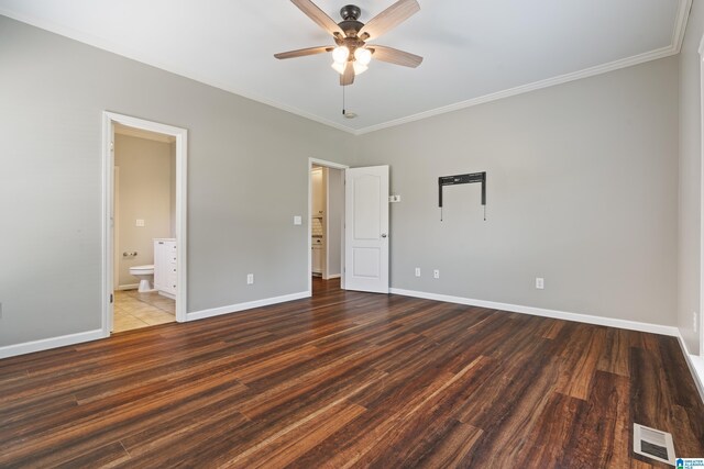 3168 Cahaba Park Dr, Trussville, AL 35173 - unfurnished bedroom featuring wood finished floors, crown molding, ensuite bathroom, and ceiling fan
