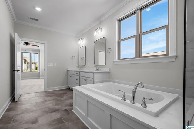 500 Simms Lndg, Pelham, AL 35124 - bathroom featuring crown molding, double vanity, a bath, and ceiling fan