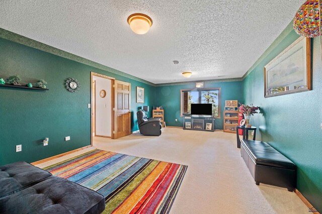 living room with a textured ceiling and light carpet