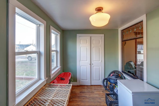 bedroom featuring a closet, multiple windows, and hardwood / wood-style flooring