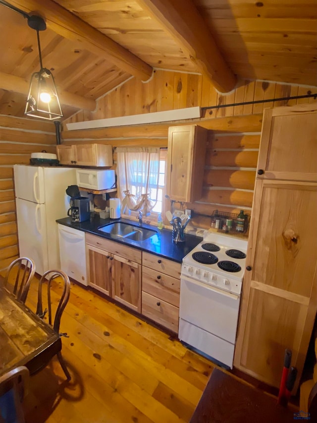 kitchen with wooden ceiling, hanging light fixtures, vaulted ceiling with beams, white appliances, and sink