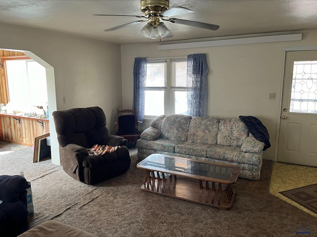 living room with ceiling fan, a wealth of natural light, and carpet floors