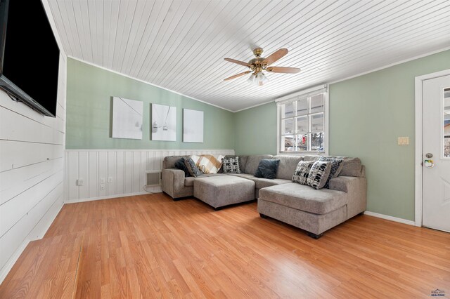 735 8th, Spearfish, SD 57783 - living room featuring ornamental molding, ceiling fan, light wood-type flooring, and wood ceiling