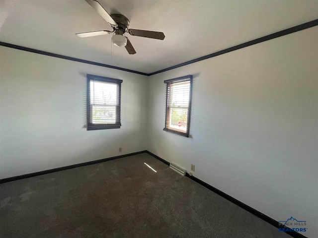 spare room with ceiling fan, carpet, and crown molding