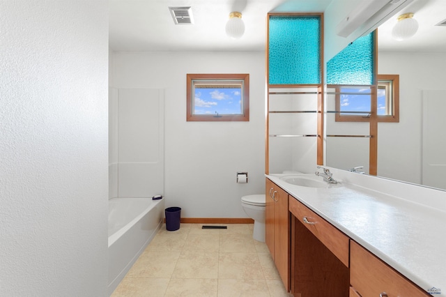 full bathroom featuring  shower combination, toilet, oversized vanity, and tile flooring