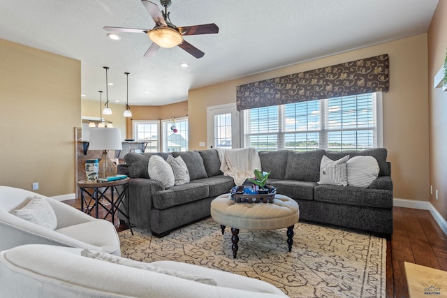 living room with ceiling fan and hardwood / wood-style flooring