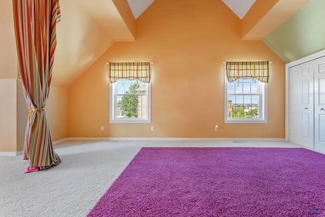 interior space featuring carpet, a closet, and vaulted ceiling