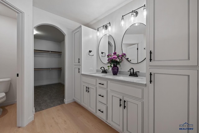 bathroom with vanity, toilet, and hardwood / wood-style floors