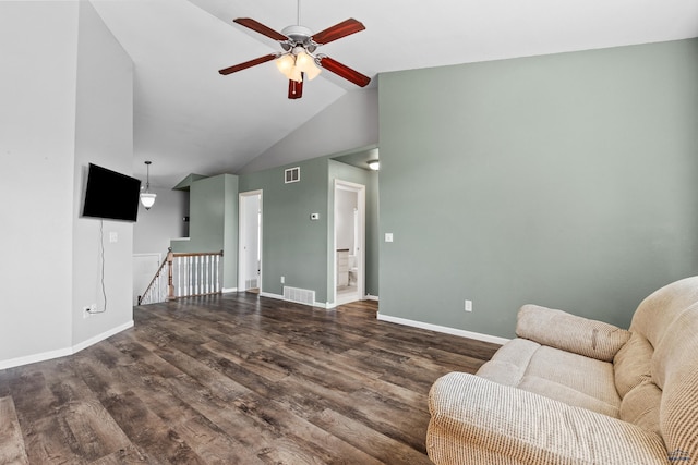 living area featuring ceiling fan, high vaulted ceiling, and dark hardwood / wood-style floors