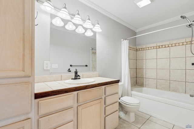 full bathroom featuring shower / bathtub combination with curtain, tile patterned floors, toilet, vanity, and ornamental molding