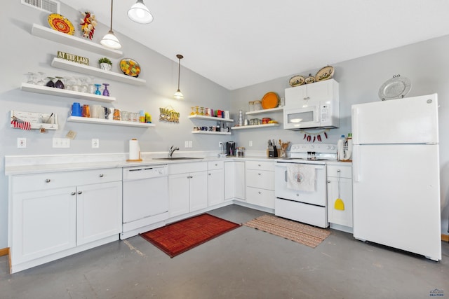 kitchen featuring decorative light fixtures, vaulted ceiling, white cabinetry, sink, and white appliances