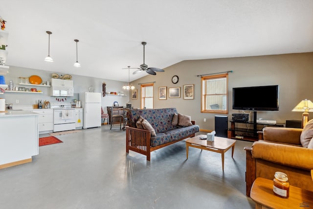 living room with vaulted ceiling, sink, ceiling fan, and concrete flooring