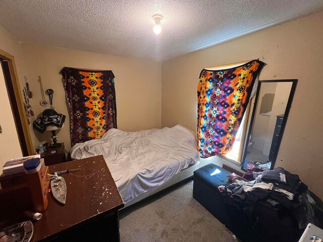 carpeted bedroom with a textured ceiling