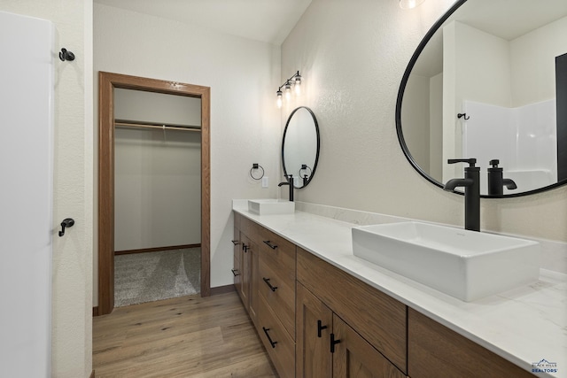 bathroom with hardwood / wood-style flooring and vanity