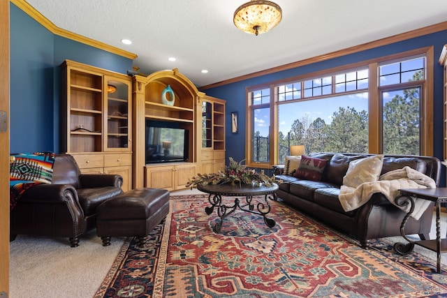 carpeted living room with crown molding and a textured ceiling