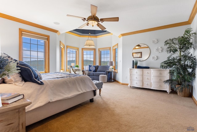 bedroom featuring light carpet, crown molding, and ceiling fan