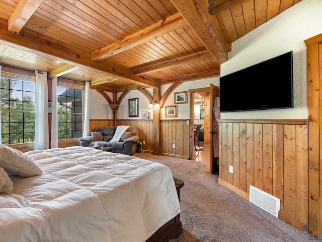 carpeted bedroom featuring wood ceiling, beamed ceiling, and wooden walls