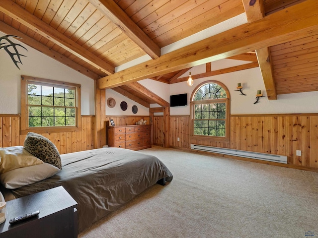 carpeted bedroom featuring lofted ceiling with beams, multiple windows, a baseboard heating unit, and wood ceiling