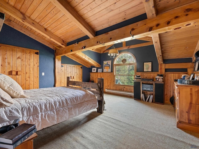 bedroom with lofted ceiling with beams, a baseboard heating unit, and wood ceiling