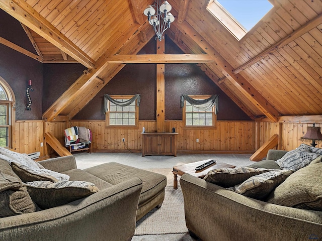 interior space featuring wood walls, a notable chandelier, wooden ceiling, and vaulted ceiling with skylight