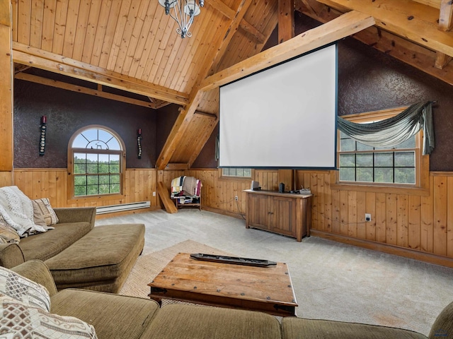 carpeted home theater featuring wood walls, baseboard heating, vaulted ceiling with beams, and wooden ceiling