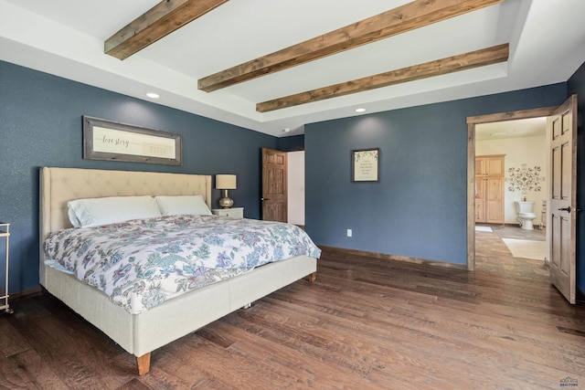 bedroom featuring beam ceiling and hardwood / wood-style flooring