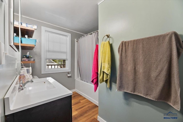 bathroom with hardwood / wood-style flooring and vanity