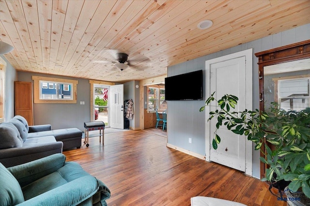 living room featuring ceiling fan, hardwood / wood-style flooring, and wood ceiling