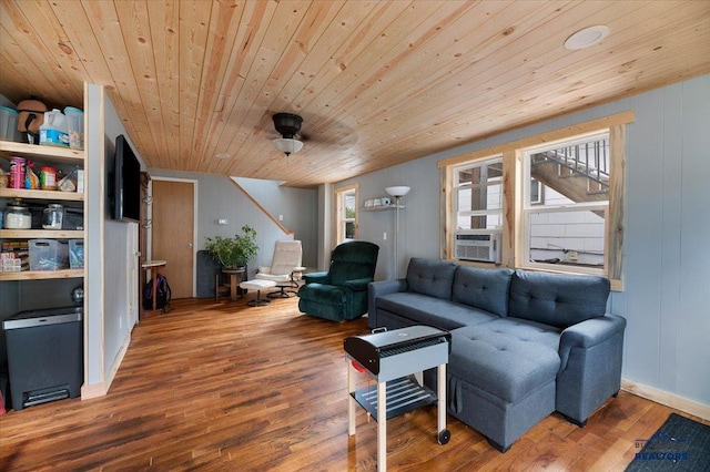 living room with wood ceiling, hardwood / wood-style floors, and cooling unit