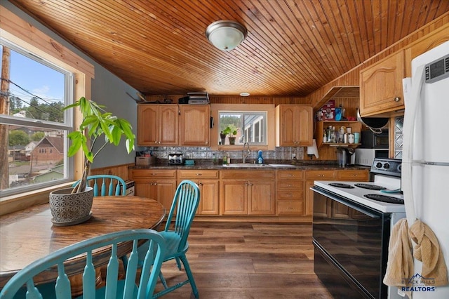 kitchen featuring backsplash, sink, dark wood-type flooring, white appliances, and wood ceiling