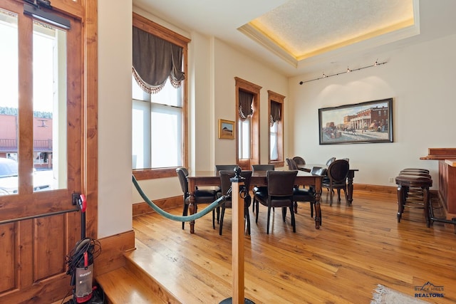 dining area with plenty of natural light and light hardwood / wood-style flooring