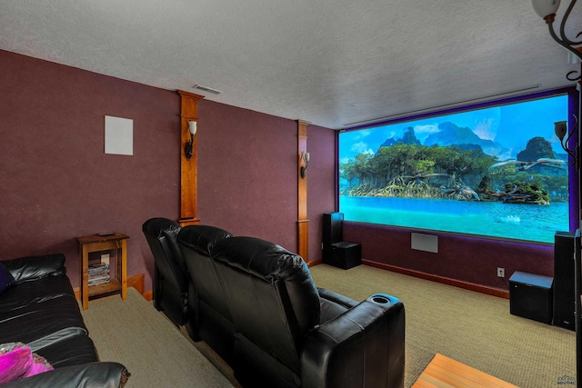 cinema room with a textured ceiling and carpet