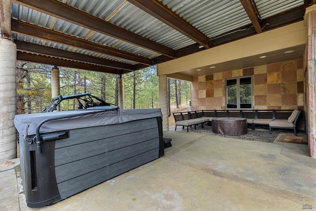 view of patio featuring a hot tub