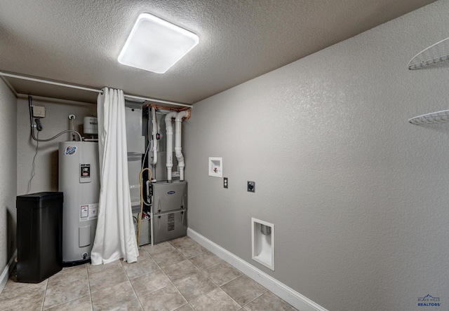 washroom featuring washer hookup, water heater, light tile patterned floors, and hookup for an electric dryer