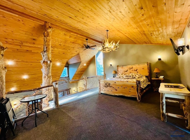 carpeted bedroom featuring wood ceiling and wooden walls