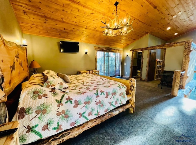 bedroom featuring wood ceiling, lofted ceiling, a notable chandelier, and carpet floors