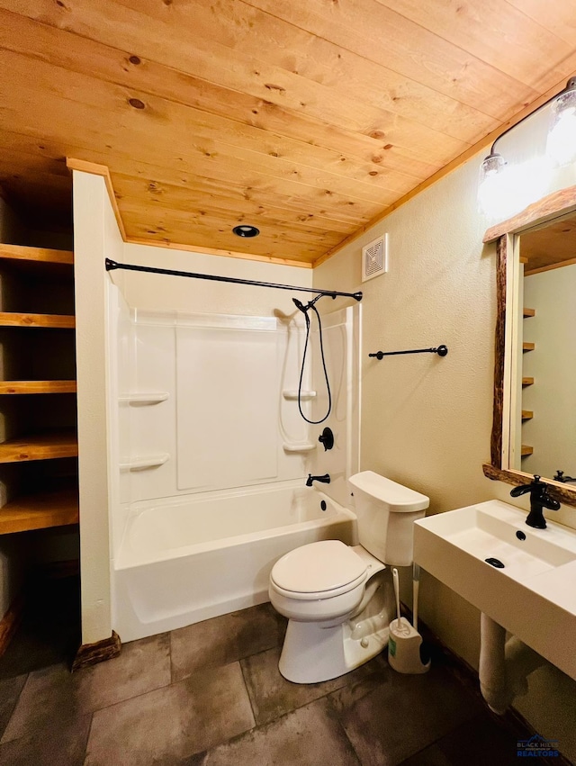 bathroom with bathing tub / shower combination, visible vents, wood ceiling, and toilet