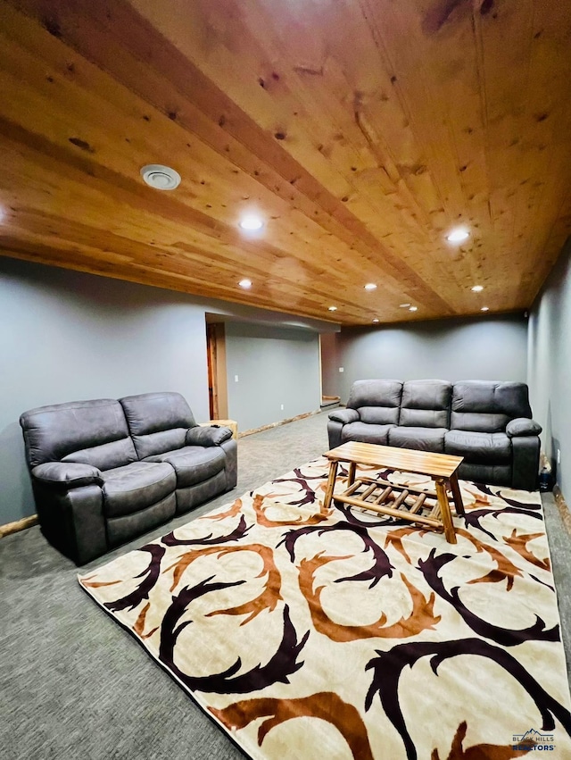 living area with wooden ceiling, recessed lighting, visible vents, and carpet floors