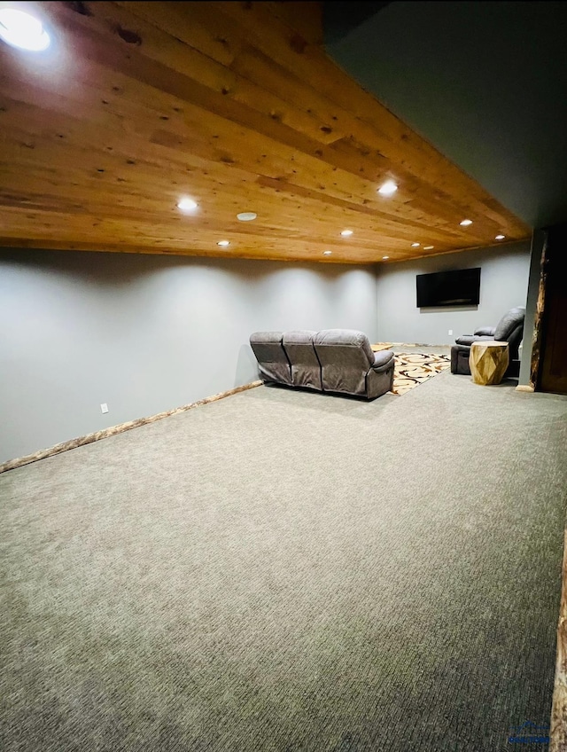 interior space with recessed lighting, wooden ceiling, and carpet