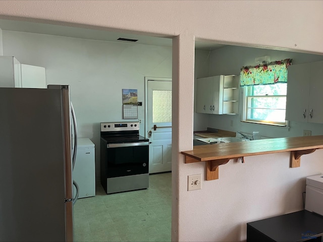 kitchen featuring appliances with stainless steel finishes, a kitchen bar, kitchen peninsula, and sink