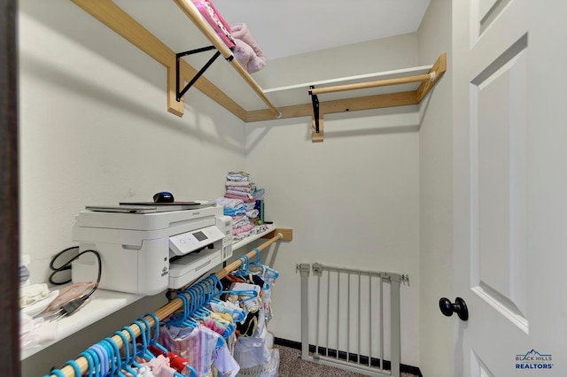 spacious closet featuring radiator heating unit and carpet floors