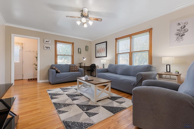 living room featuring ornamental molding, ceiling fan, and light hardwood / wood-style floors