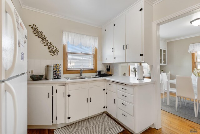 kitchen with white fridge, crown molding, white cabinetry, light hardwood / wood-style flooring, and sink