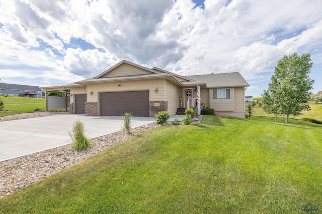 ranch-style home with a garage and a front lawn