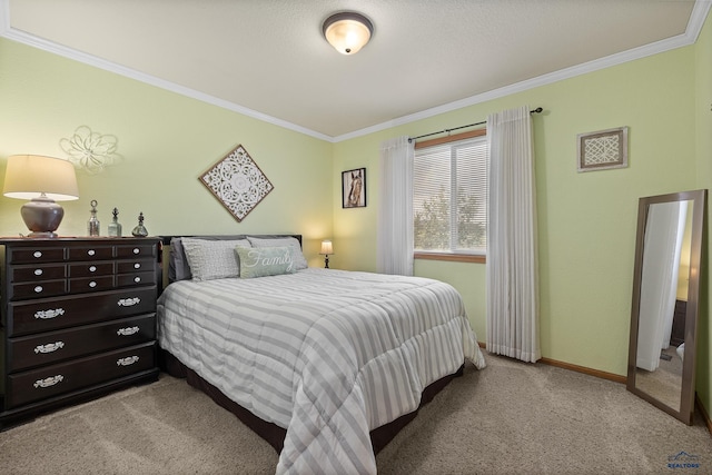 carpeted bedroom with ornamental molding